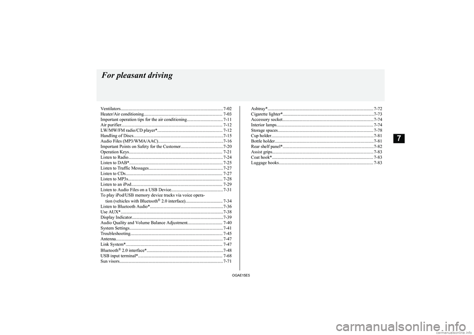 MITSUBISHI ASX 2015  Owners Manual (in English) Ventilators........................................................................................... 7-02
Heater/Air conditioning.....................................................................