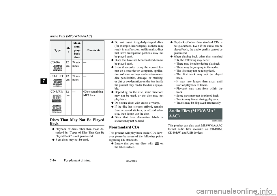 MITSUBISHI ASX 2015  Owners Manual (in English) TypeSize
Maxi-mumplay- back time
Comments
CD-DA12
cm74 mi-
nutes—CD-TEXT12
cm74 mi-
nutes—CD-R/RW12
cm—•Disc containing
MP3 files
Discs  That  May  Not  Be  Played
Back
l Playback  of  discs  