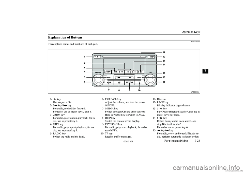 MITSUBISHI ASX 2015  Owners Manual (in English) Explanation of Buttons
E00737500030
This explains names and functions of each part.
1- key
Use to eject a disc.
2- 3
 key/4 key
For audio, rewind/fast forward.
For radio, use as preset keys 3 and 4.
3