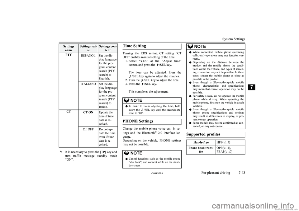 MITSUBISHI ASX 2015  Owners Manual (in English) SettingsnameSettings val- ueSettings con-tentPTYESPANOLSet the dis-
play language
for the pro-
gram content
search (PTY
search) to
Spanish.ITALIANOSet the dis-
play language
for the pro-
gram content
