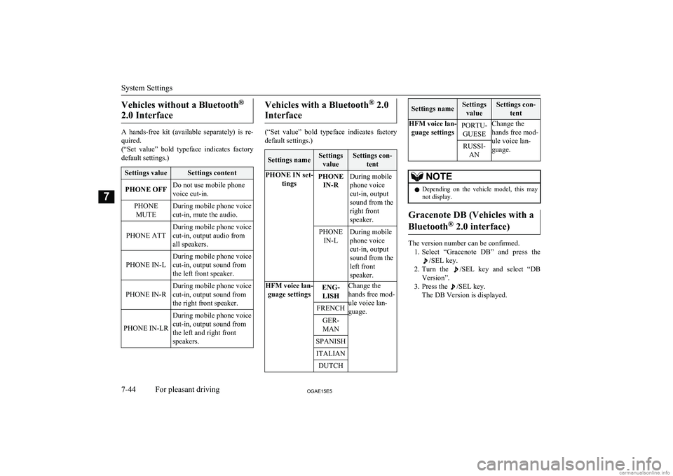 MITSUBISHI ASX 2015  Owners Manual (in English) Vehicles without a Bluetooth®
2.0 Interface
A  hands-free  kit  (available  separately)  is  re- quired.
(“Set  value”  bold  typeface  indicates  factory
default settings.)
Settings valueSetting