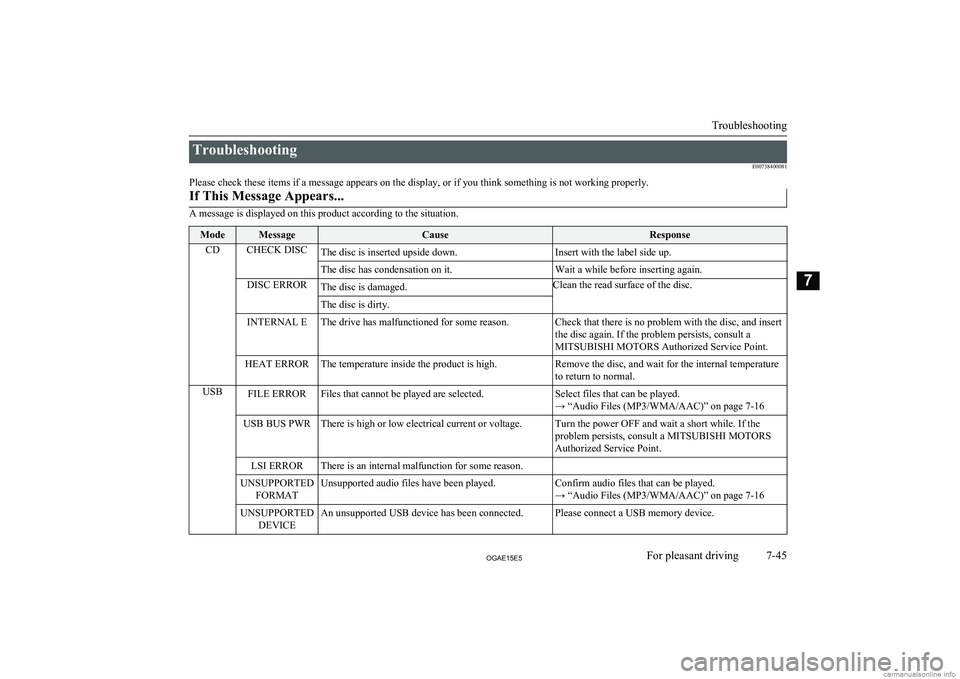 MITSUBISHI ASX 2015  Owners Manual (in English) TroubleshootingE00738400081
Please check these items if a message appears on the display, or if you think something is not working properly.If This Message Appears...
A message is displayed on this pr