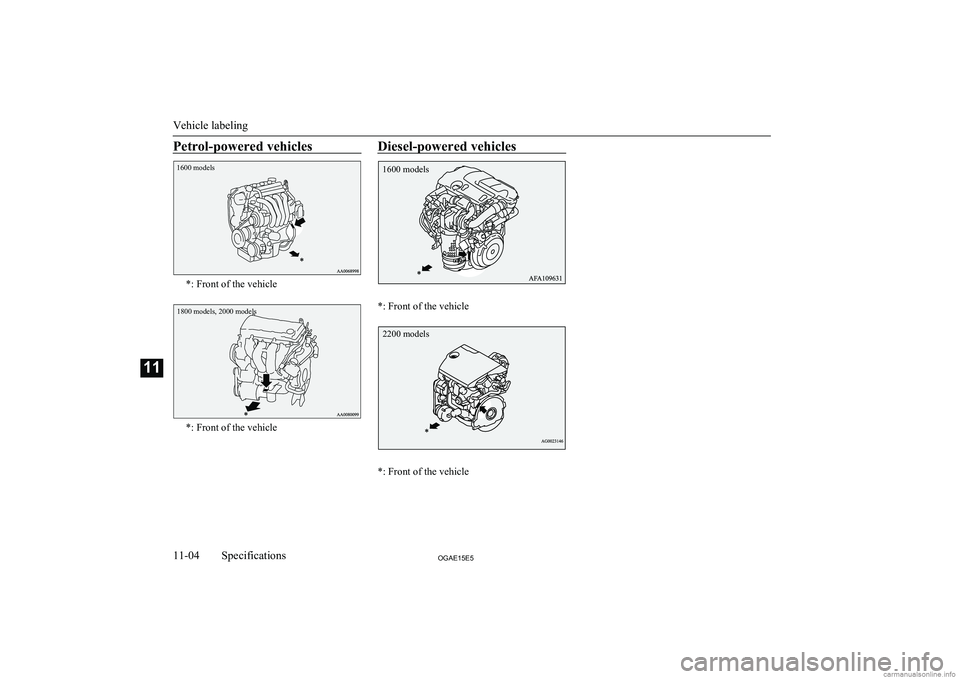 MITSUBISHI ASX 2015  Owners Manual (in English) Petrol-powered vehicles1600 models
*: Front of the vehicle
1800 models, 2000 models
*: Front of the vehicle
Diesel-powered vehicles
*: Front of the vehicle
*: Front of the vehicle
Vehicle labeling
11-