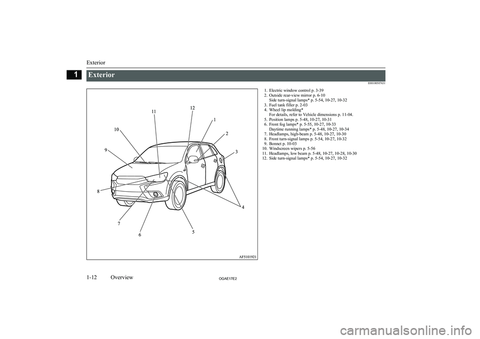 MITSUBISHI ASX 2017  Owners Manual (in English) ExteriorE001005076311. Electric window control p. 3-392. Outside rear-view mirror p. 6-10 Side turn-signal lamps* p. 5-54, 10-27, 10-32
3. Fuel tank filler p. 2-03
4. Wheel lip molding* For details, r