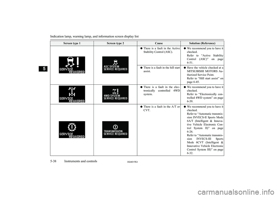 MITSUBISHI ASX 2017  Owners Manual (in English) Screen type 1Screen type 2CauseSolution (Reference)lThere  is  a  fault  in  the  Active
Stability Control (ASC).l We recommend you to have it
checked.
Refer  to  “Active  Stability Control  (ASC)
