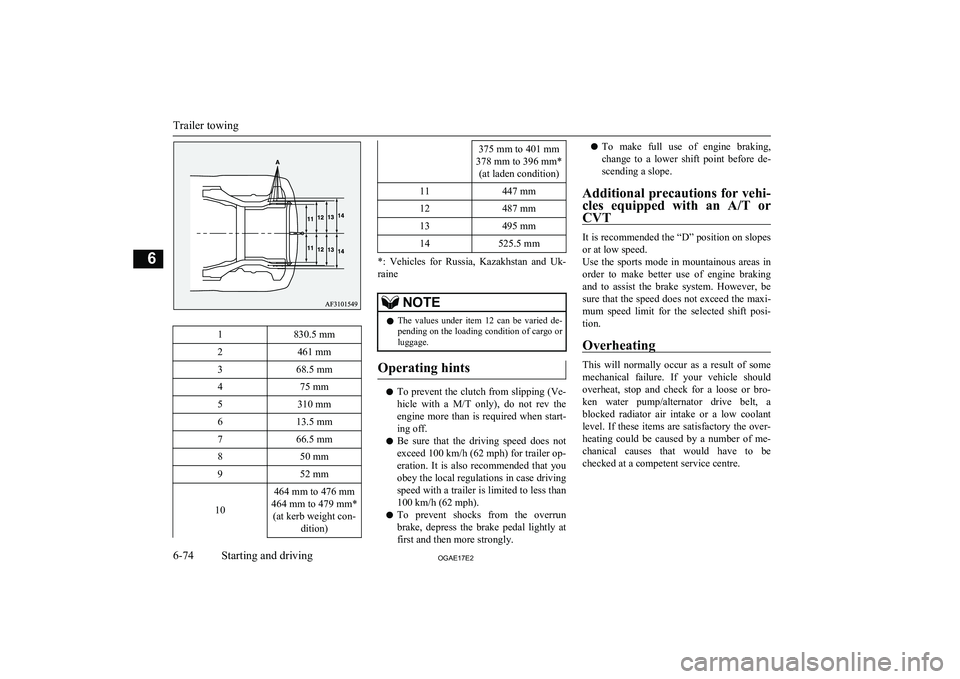 MITSUBISHI ASX 2017  Owners Manual (in English) 1830.5 mm2461 mm368.5 mm475 mm5310 mm613.5 mm766.5 mm850 mm952 mm
10
464 mm to 476 mm
464 mm to 479 mm* (at kerb weight con- dition)375 mm to 401 mm
378 mm to 396 mm* (at laden condition)11447 mm12487