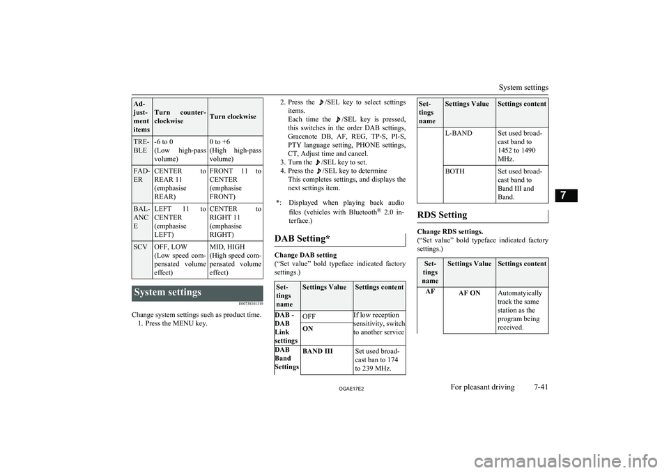 MITSUBISHI ASX 2017 Owners Manual (in English) Ad-
just-
ment
items
Turn counter-
clockwiseTurn clockwise
TRE-
BLE-6 to 0
(Low high-pass
volume)0 to +6
(High high-pass
volume)FAD-
ERCENTER to REAR 11
(emphasise
REAR)FRONT 11 to
CENTER
(empha MITSUBISHI ASX 2017 Owners Manual (in English) Ad-
just-
ment
items
Turn counter-
clockwiseTurn clockwise
TRE-
BLE-6 to 0
(Low high-pass
volume)0 to +6
(High high-pass
volume)FAD-
ERCENTER to REAR 11
(emphasise
REAR)FRONT 11 to
CENTER
(empha