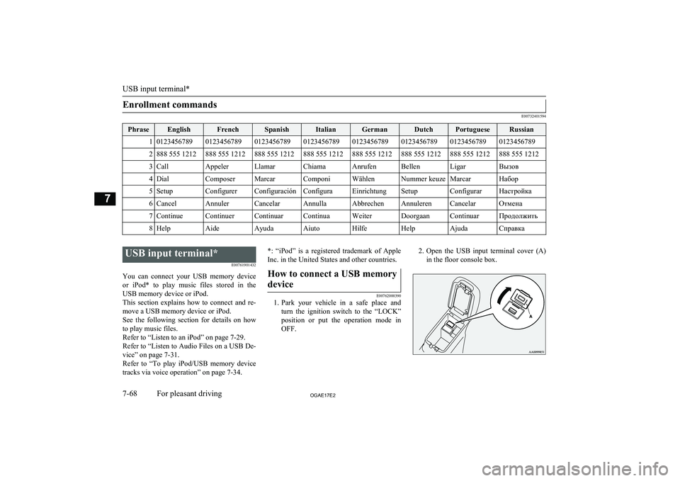 MITSUBISHI ASX 2017  Owners Manual (in English) Enrollment commands
E00732401594
PhraseEnglishFrenchSpanishItalianGermanDutchPortugueseRussian1012345678901234567890123456789012345678901234567890123456789012345678901234567892888 555 1212888 555 1212