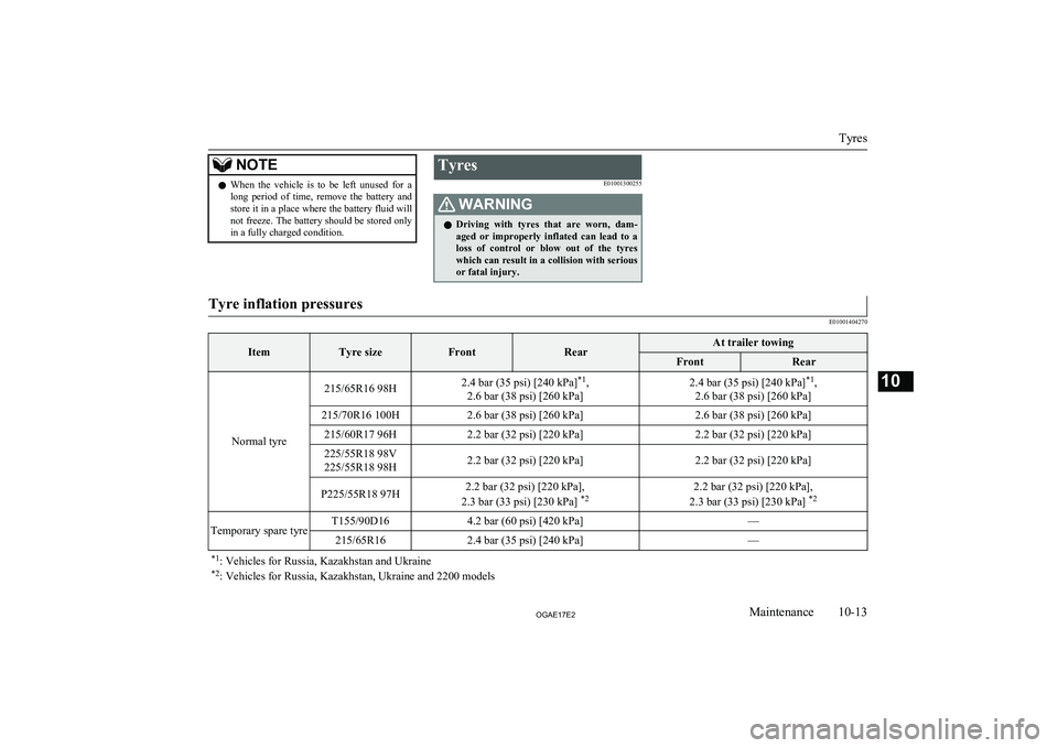 MITSUBISHI ASX 2017  Owners Manual (in English) NOTElWhen  the  vehicle  is  to  be  left  unused  for  a
long  period  of  time,  remove  the  battery  and
store it in a place where the battery fluid will not freeze. The battery should be stored o