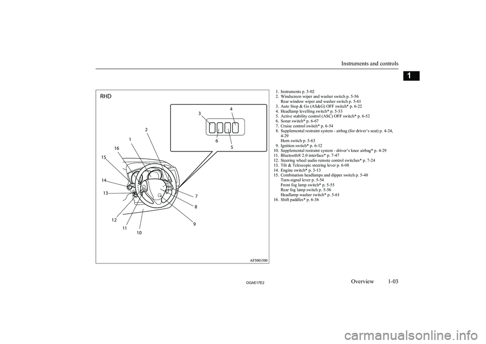 MITSUBISHI ASX 2017  Owners Manual (in English) 1. Instruments p. 5-02
2. Windscreen wiper and washer switch p. 5-56 Rear window wiper and washer switch p. 5-61
3. Auto Stop & Go (AS&G) OFF switch* p. 6-22
4. Headlamp levelling switch* p. 5-53
5. A