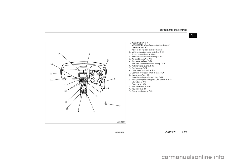 MITSUBISHI ASX 2017  Owners Manual (in English) 1. Audio System* p. 7-11MITSUBISHI Multi-Communication System*
DISPLAY AUDIO*
Refer to the separate owner’s manual
2. Multi-information meter switch p. 5-05
3. Bonnet release lever p. 10-03
4. Rear 