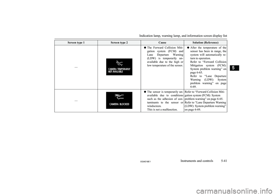 MITSUBISHI ASX 2018  Owners Manual (in English) Screen type 1Screen type 2CauseSolution (Reference)
—
lThe  Forward  Collision  Miti-
gation  system  (FCM)  and
Lane  Departure  Warning (LDW)  is  temporarily  un-available  due  to  the  high  or