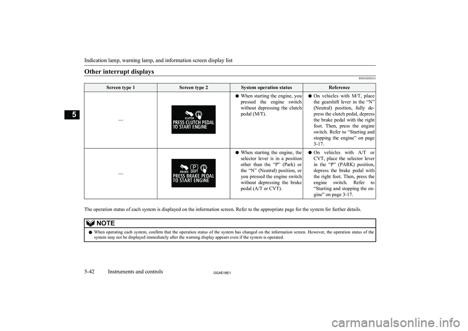 MITSUBISHI ASX 2018  Owners Manual (in English) Other interrupt displays
E00524202413
Screen type 1Screen type 2System operation statusReference
––
lWhen starting the engine, you
pressed  the  engine  switch without  depressing  the  clutch ped