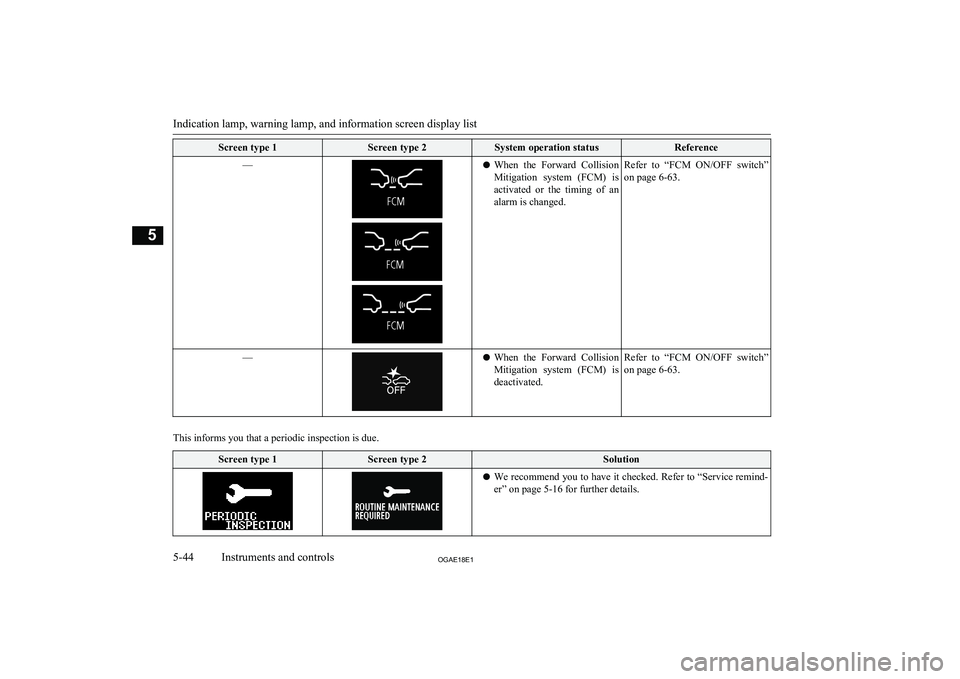 MITSUBISHI ASX 2018  Owners Manual (in English) Screen type 1Screen type 2System operation statusReference—lWhen  the  Forward  Collision
Mitigation  system  (FCM)  is
activated  or  the  timing  of  an alarm is changed.Refer  to  “FCM  ON/OFF 