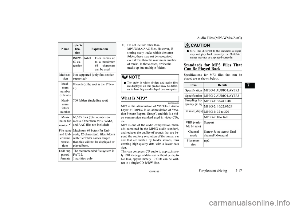 MITSUBISHI ASX 2018  Owners Manual (in English) Name
Speci-fica-tion
Explanation
ISO96
60 ex-
tensionJolietFiles  names  up
to  a  maximum 64  characters
can be used.Multises- sionNot supported (only first session
supported)Maxi- mum
number
of leve