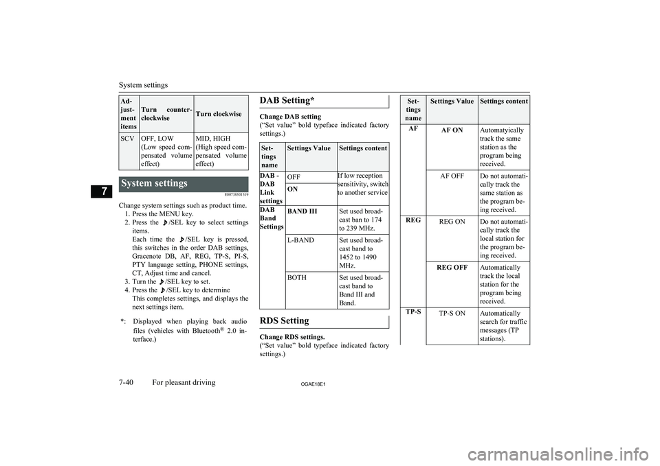 MITSUBISHI ASX 2018  Owners Manual (in English) Ad-
just-
ment
items
Turn  counter-
clockwiseTurn clockwise
SCVOFF, LOW
(Low  speed  com- pensated  volume
effect)MID, HIGH
(High speed com- pensated  volume
effect)System settings
E00738301319
Change