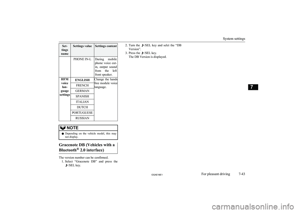 MITSUBISHI ASX 2018 Owners Manual (in English) Set-
tings
nameSettings valueSettings contentPHONE IN-LDuring mobile
phone voice cut- in, output sound from the leftfront speaker.HFM voice lan-
guage
settingsENGLISHChange the hands free mod MITSUBISHI ASX 2018 Owners Manual (in English) Set-
tings
nameSettings valueSettings contentPHONE IN-LDuring mobile
phone voice cut- in, output sound from the leftfront speaker.HFM voice lan-
guage
settingsENGLISHChange the hands free mod