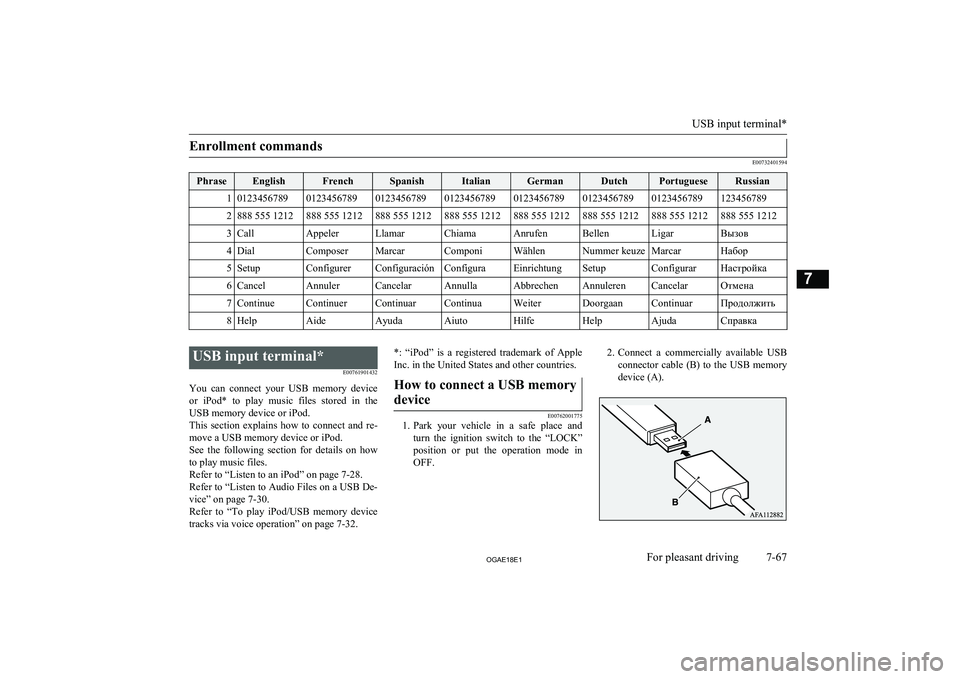 MITSUBISHI ASX 2018  Owners Manual (in English) Enrollment commands
E00732401594
PhraseEnglishFrenchSpanishItalianGermanDutchPortugueseRussian101234567890123456789012345678901234567890123456789012345678901234567891234567892888 555 1212888 555 12128