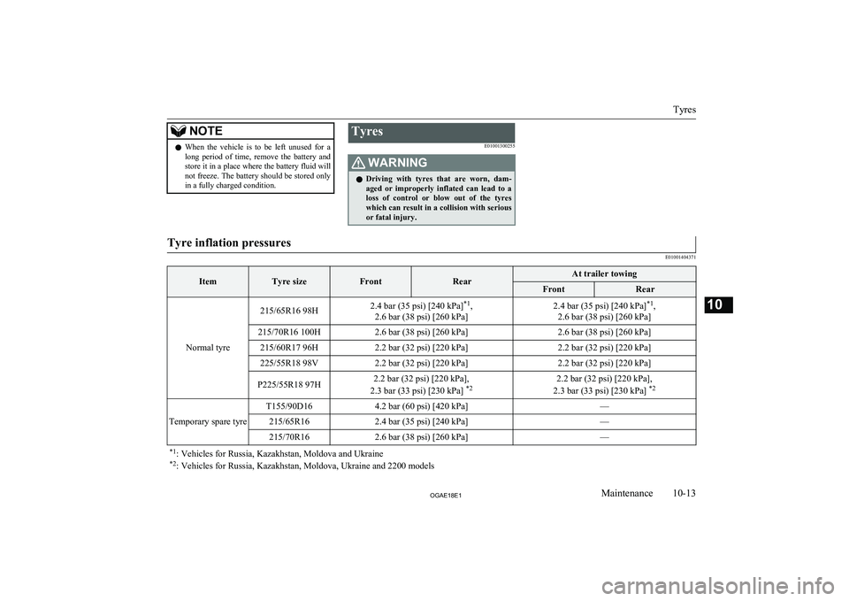 MITSUBISHI ASX 2018  Owners Manual (in English) NOTElWhen  the  vehicle  is  to  be  left  unused  for  a
long  period  of  time,  remove  the  battery  and
store it in a place where the battery fluid will not freeze. The battery should be stored o