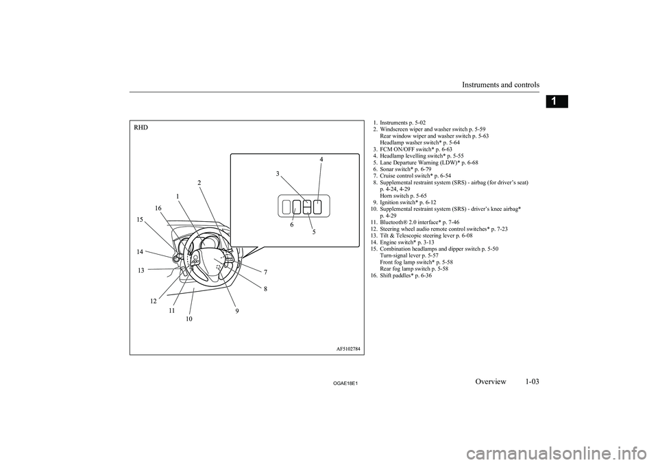 MITSUBISHI ASX 2018  Owners Manual (in English) 1. Instruments p. 5-02
2. Windscreen wiper and washer switch p. 5-59 Rear window wiper and washer switch p. 5-63
Headlamp washer switch* p. 5-64
3. FCM ON/OFF switch* p. 6-63
4. Headlamp levelling swi