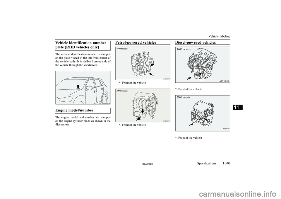 MITSUBISHI ASX 2018  Owners Manual (in English) Vehicle identification numberplate (RHD vehicles only)
The  vehicle  identification  number  is  stamped on  the  plate  riveted  to  the  left  front  corner  of the vehicle body. It is visible from 