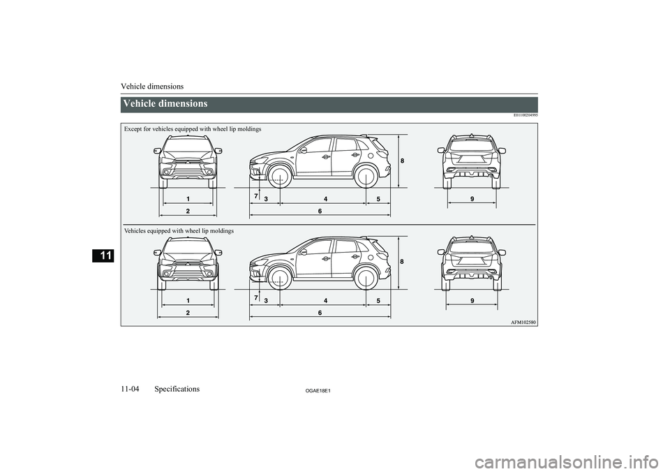 MITSUBISHI ASX 2018  Owners Manual (in English) Vehicle dimensionsE01100204995
Vehicle dimensions
11-04OGAE18E1Specifications11Except for vehicles equipped with wheel lip moldings 
Vehicles equipped with wheel lip moldings  