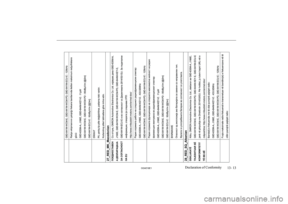 MITSUBISHI ASX 2018  Owners Manual (in English) 13- 13
OGAE18E1Declaration of Conformity  