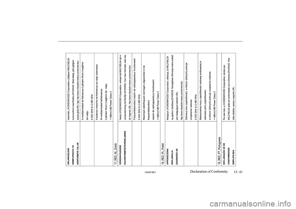 MITSUBISHI ASX 2018 Owners Manual (in English) 13- 41
OGAE18E1Declaration of Conformity MITSUBISHI ASX 2018 Owners Manual (in English) 13- 41
OGAE18E1Declaration of Conformity