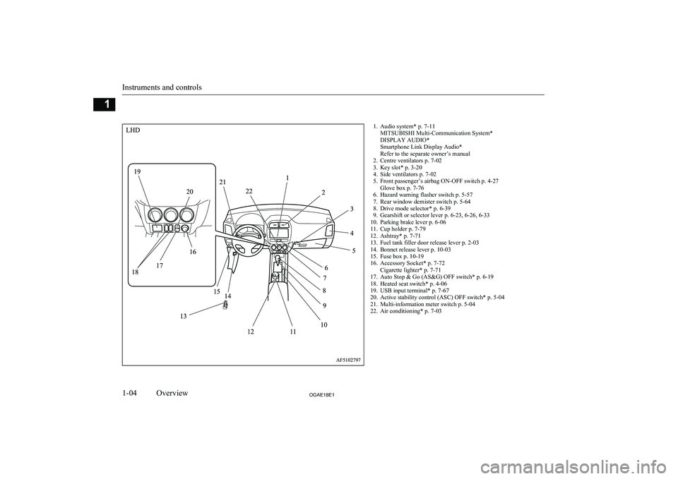 MITSUBISHI ASX 2018  Owners Manual (in English) 1. Audio system* p. 7-11MITSUBISHI Multi-Communication System*
DISPLAY AUDIO*
Smartphone Link Display Audio*
Refer to the separate owner’s manual
2. Centre ventilators p. 7-02
3. Key slot* p. 3-20
4