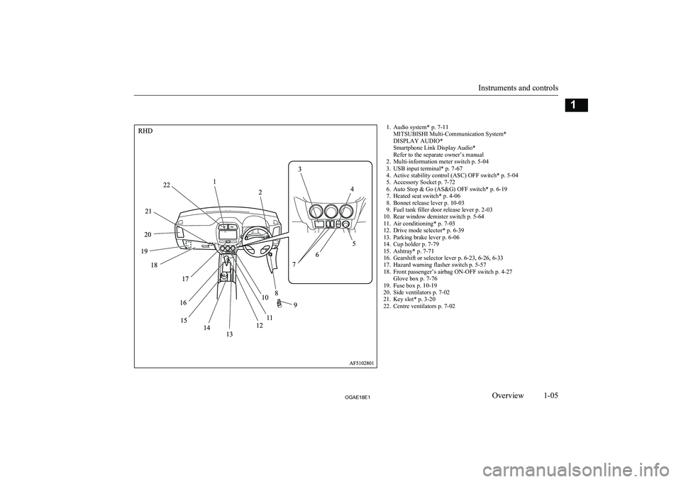 MITSUBISHI ASX 2018  Owners Manual (in English) 1. Audio system* p. 7-11MITSUBISHI Multi-Communication System*
DISPLAY AUDIO*
Smartphone Link Display Audio*
Refer to the separate owner’s manual
2. Multi-information meter switch p. 5-04
3. USB inp