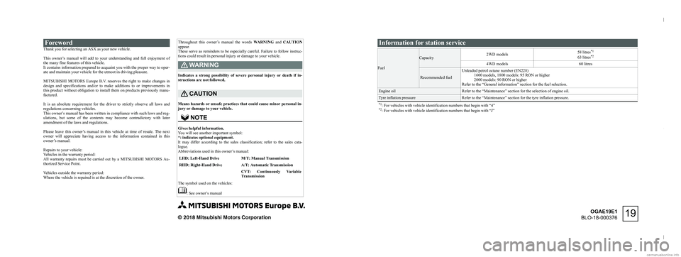 MITSUBISHI ASX 2019  Owners Manual (in English) �F�o�r�e�w�o�r�d
�T�h�a�n�k��y�o�u��f�o�r��s�e�l�e�c�t�i�n�g��a�n��A�S�X��a�s��y�o�u�r��n�e�w��v�e�h�i�c�l�e�. �
�T�h�i�s� �o�w�n�e�r�