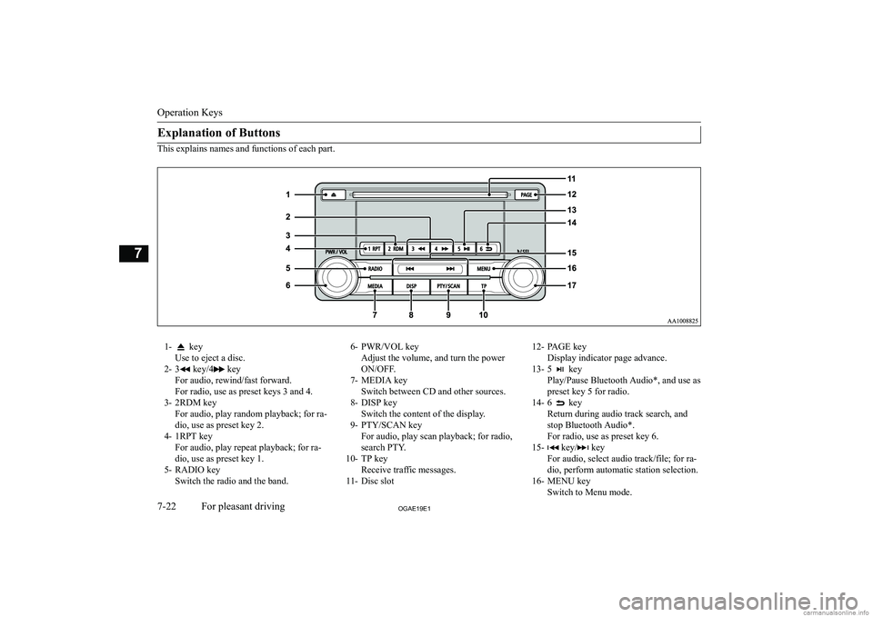 MITSUBISHI ASX 2019  Owners Manual (in English) �E�x�p�l�a�n�a�t�i�o�n� �o�f� �B�u�t�t�o�n�s
�T�h�i�s� �e�x�p�l�a�i�n�s� �n�a�m�e�s� �a�n�d� �f�u�n�c�t�i�o�n�s� �o�f� �e�a�c�h� �p�a�r�t�.
�1�-� �k�e�y
�U�s�e� �t�o� �e�j�e�c�t� �a� �d�i�s�c�.
�2�- �