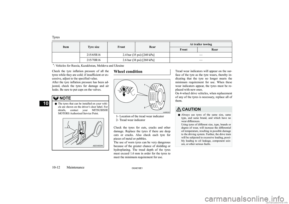 MITSUBISHI ASX 2019  Owners Manual (in English) �I�t�e�m�T�y�r�e� �s�i�z�e�F�r�o�n�t�R�e�a�r�A�t� �t�r�a�i�l�e�r� �t�o�w�i�n�g�F�r�o�n�t�R�e�a�r�2�1�5�/�6�5�R�1�6�2�.�4� �b�a�r� �(�3�5� �p�s�i�)� �[�2�4�0� �k�P�a�@�—�2�1�5�/�7�0�R�1�6�2�.�6� �b�a