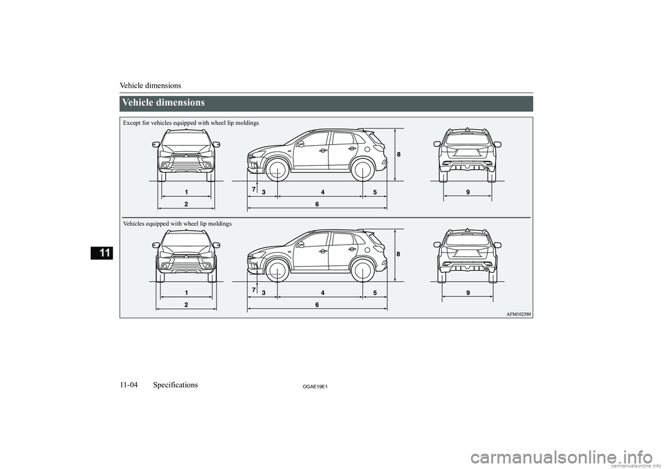 MITSUBISHI ASX 2019  Owners Manual (in English) �V�e�h�i�c�l�e� �d�i�m�e�n�s�i�o�n�s
�V�e�h�i�c�l�e� �d�i�m�e�n�s�i�o�n�s
�1�1�-�0�4�2�*�$�(���(��S�p�e�c�i�f�i�c�a�t�i�o�n�s�1�1Except for vehicles equipped with wheel lip moldings 
Vehicles equip