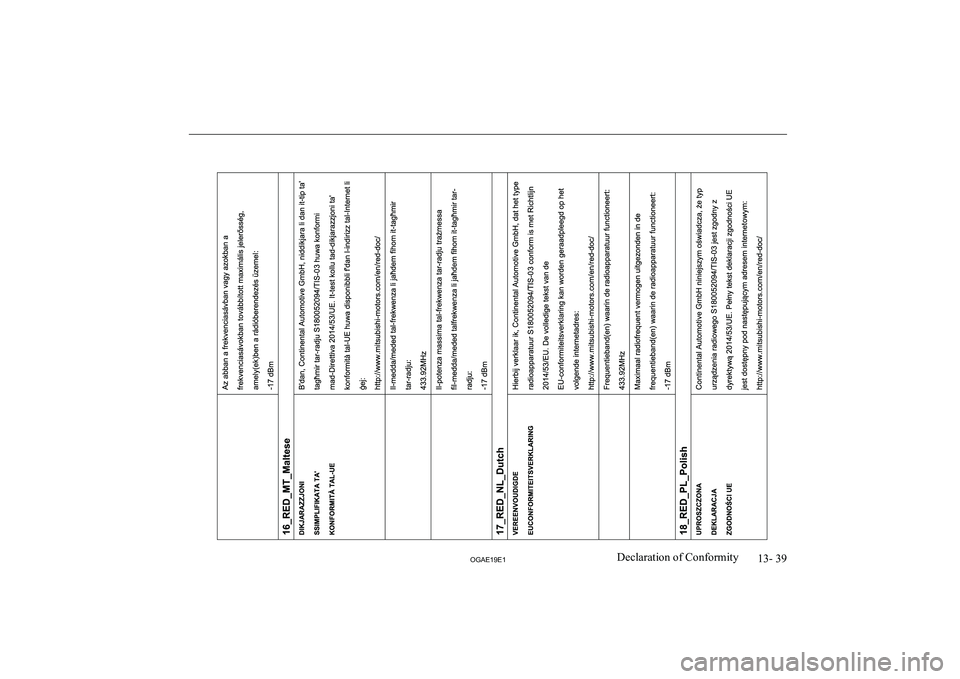 MITSUBISHI ASX 2019  Owners Manual (in English) �1�3�-� �3�9
�2�*�$�(���(��D�e�c�l�a�r�a�t�i�o�n� �o�f� �C�o�n�f�o�r�m�i�t�y  