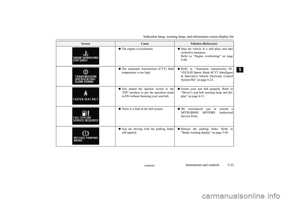 MITSUBISHI ASX 2020  Owners Manual (in English) �S�c�r�e�e�n�C�a�u�s�e�S�o�l�u�t�i�o�n� �(�R�e�f�e�r�e�n�c�e�)�z�T�h�e� �e�n�g�i�n�e� �i�s� �o�v�e�r�h�e�a�t�e�d�.�z�S�t�o�p�  �t�h�e�  �v�e�h�i�c�l�e�  �i�n�  �a�  �s�a�f�e�  �p�l�a�c�e�  �a�n�d�  �t