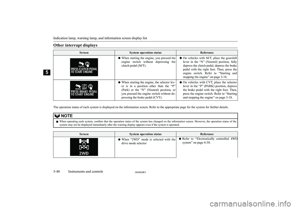 MITSUBISHI ASX 2020  Owners Manual (in English) �O�t�h�e�r� �i�n�t�e�r�r�u�p�t� �d�i�s�p�l�a�y�s�S�c�r�e�e�n�S�y�s�t�e�m� �o�p�e�r�a�t�i�o�n� �s�t�a�t�u�s�R�e�f�e�r�e�n�c�e�z�W�h�e�n� �s�t�a�r�t�i�n�g� �t�h�e� �e�n�g�i�n�e�,� �y�o�u� �p�r�e�s�s�e�d