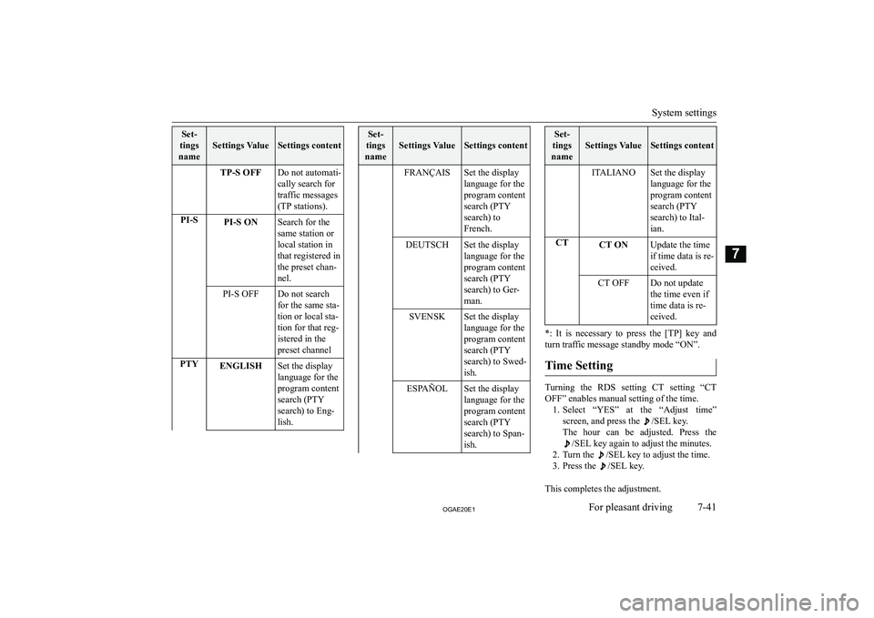 MITSUBISHI ASX 2020  Owners Manual (in English) �S�e�t�-
�t�i�n�g�s
�n�a�m�e
�S�e�t�t�i�n�g�s� �V�a�l�u�e�S�e�t�t�i�n�g�s� �c�o�n�t�e�n�t
�T�P�-�S� �O�F�F�D�o� �n�o�t� �a�u�t�o�m�a�t�i�-
�c�a�l�l�y� �s�e�a�r�c�h� �f�o�r
�t�r�a�f�f�i�c� �m�e�s�s�a�g