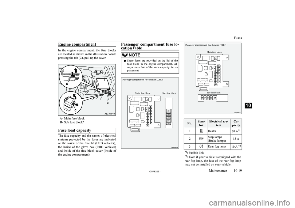 MITSUBISHI ASX 2020  Owners Manual (in English) �E�n�g�i�n�e� �c�o�m�p�a�r�t�m�e�n�t
�I�n�  �t�h�e�  �e�n�g�i�n�e�  �c�o�m�p�a�r�t�m�e�n�t�,�  �t�h�e�  �f�u�s�e�  �b�l�o�c�k�s�a�r�e� �l�o�c�a�t�e�d� �a�s� �s�h�o�w�n� �i�n� �t�h�e� �i�l�l�u�s�t�r�a�