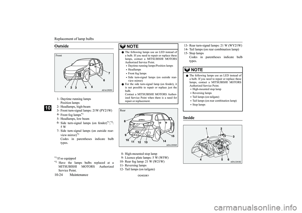 MITSUBISHI ASX 2020  Owners Manual (in English) �O�u�t�s�i�d�e
�1�- �D�a�y�t�i�m�e� �r�u�n�n�i�n�g� �l�a�m�p�s�P�o�s�i�t�i�o�n� �l�a�m�p�s
�2�- �H�e�a�d�l�a�m�p�s�,� �h�i�g�h�-�b�e�a�m
�3�- �F�r�o�n�t� �t�u�r�n�-�s�i�g�n�a�l� �l�a�m�p�s�:� �2�1�W� 