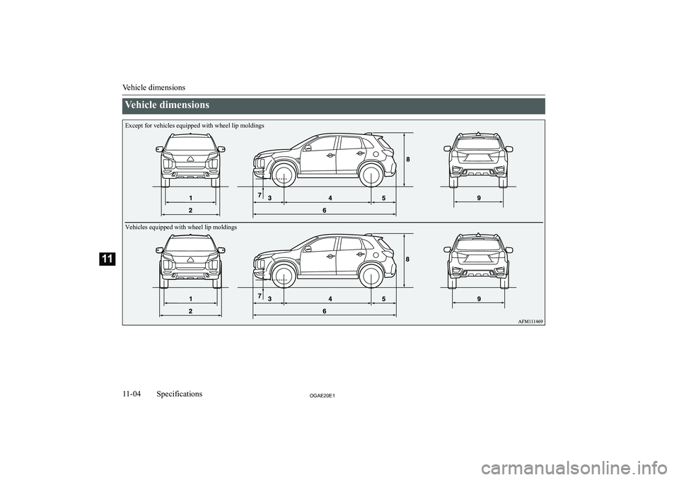 MITSUBISHI ASX 2020  Owners Manual (in English) �V�e�h�i�c�l�e� �d�i�m�e�n�s�i�o�n�s
�V�e�h�i�c�l�e� �d�i�m�e�n�s�i�o�n�s
�1�1�-�0�4�2�*�$�(�2�0�(�1�S�p�e�c�i�f�i�c�a�t�i�o�n�s�1�1Except for vehicles equipped with wheel lip moldings 
Vehicles equip