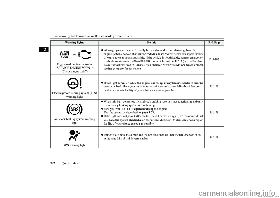 MITSUBISHI ECLIPSE CROSS 2018 Owners Manual (in English) If this warning light comes on or
flashes while you’re driving...
2-2 Quick index
2
or
Engine malfunction indicator (“SERVICE ENGINE SOON” or
“Check engine light”)
Although your MITSUBISHI ECLIPSE CROSS 2018 Owners Manual (in English) If this warning light comes on or
flashes while you’re driving...
2-2 Quick index
2
or
Engine malfunction indicator (“SERVICE ENGINE SOON” or
“Check engine light”)
Although your