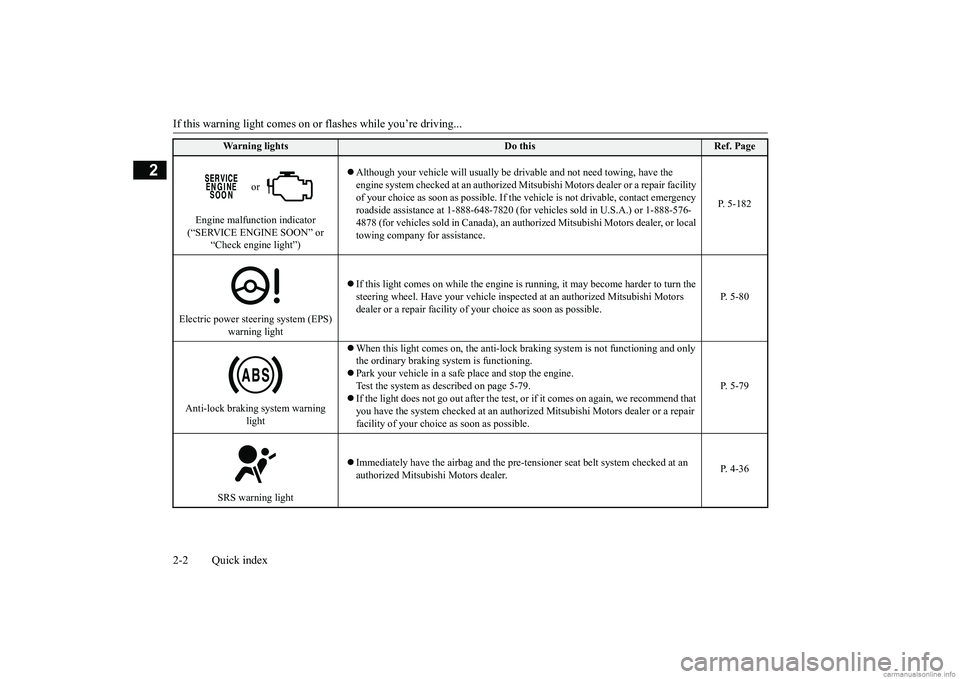 MITSUBISHI ECLIPSE CROSS 2018  Owners Manual (in English) If this warning light comes on or 
flashes while you’re driving... 
2-2 Quick index
2
 or  
Engine malfunction indicator  (“SERVICE ENGINE SOON” or  
“Check engine light”) 
 Although your