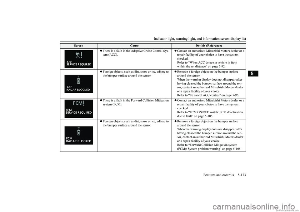 MITSUBISHI ECLIPSE CROSS 2018 (in English) Service Manual Indicator light, warning light, an
d information screen display list Features and controls 5-173
5
There is a fault in the Adaptive Cruise Control Sys- tem (ACC).
Contact an authorized Mitsub MITSUBISHI ECLIPSE CROSS 2018 (in English) Service Manual Indicator light, warning light, an
d information screen display list Features and controls 5-173
5
There is a fault in the Adaptive Cruise Control Sys- tem (ACC).
Contact an authorized Mitsub