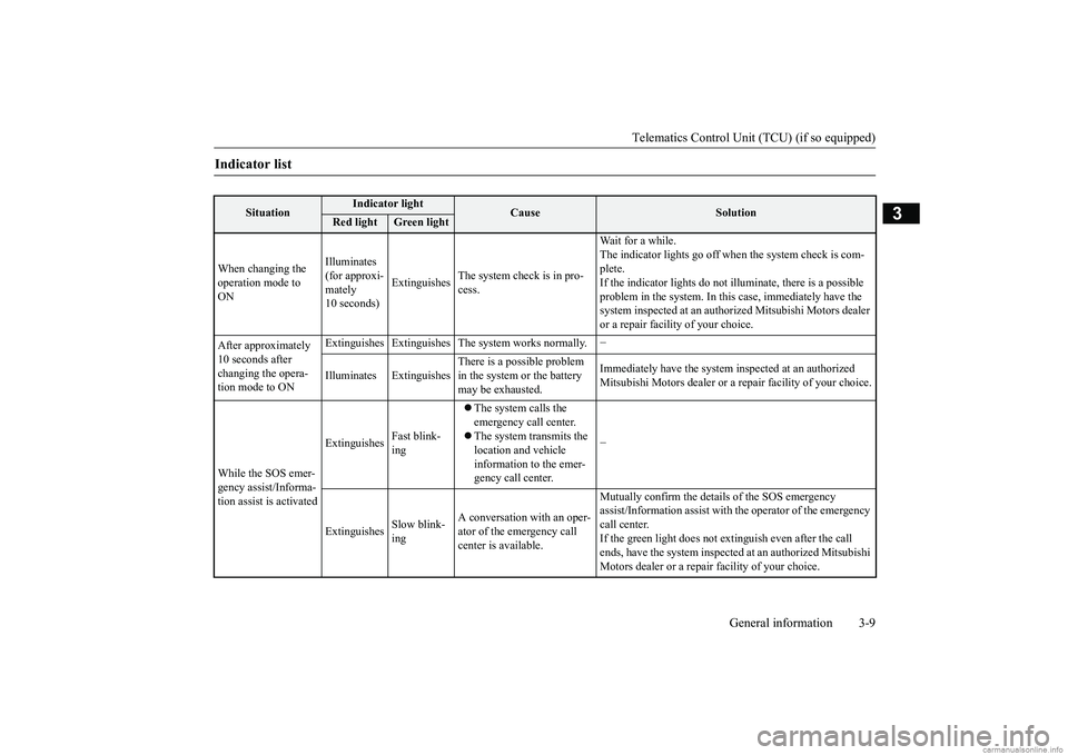 MITSUBISHI ECLIPSE CROSS 2018 Owners Manual (in English) Telematics Control Unit (TCU) (if so equipped)
General information 3-9
3
Indicator list
Situation
Indicator light
Cause
Solution
Red light
Green light
When changing the operation mode to ON
Illu MITSUBISHI ECLIPSE CROSS 2018 Owners Manual (in English) Telematics Control Unit (TCU) (if so equipped)
General information 3-9
3
Indicator list
Situation
Indicator light
Cause
Solution
Red light
Green light
When changing the operation mode to ON
Illu