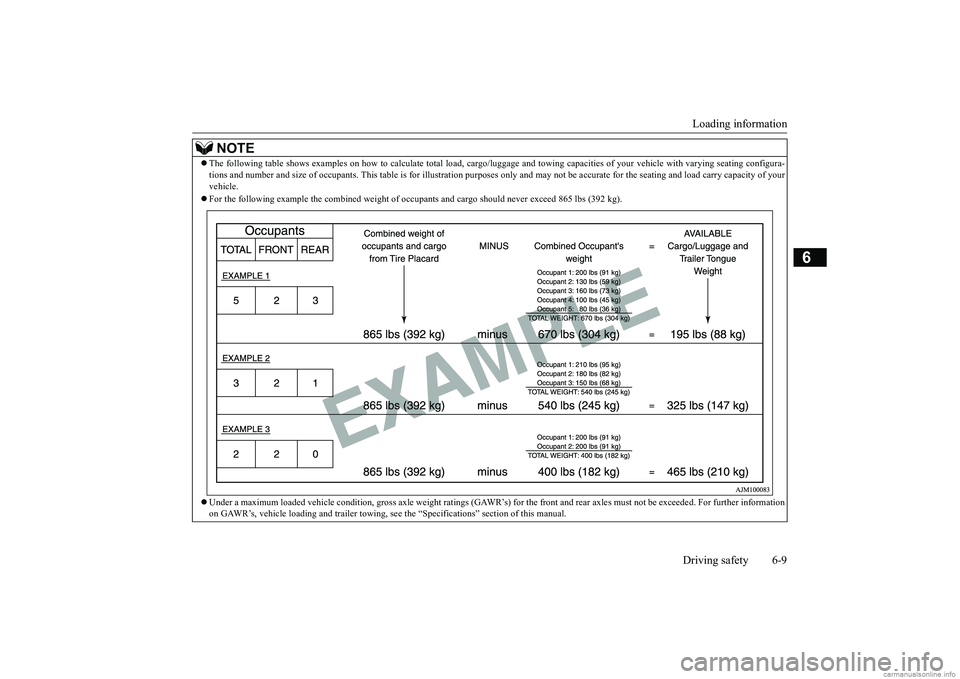 MITSUBISHI ECLIPSE CROSS 2018  Owners Manual (in English) Loading information Driving safety 6-9
6
NOTE
 The following table shows examples on how to calculate total lo
ad, cargo/luggage and towing capaciti
es of your vehicle with var
ying seating configu