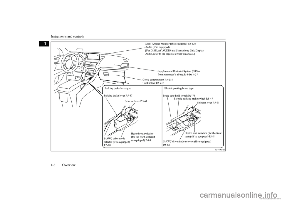 MITSUBISHI ECLIPSE CROSS 2018  Owners Manual (in English) Instruments and controls 1-3 Overview
1
Supplemental Restraint System (SRS) -  front passenger’s airbag P. 4-30, 4-37 
Glove compartment P.5-218 Card holder P.5-218 
S-AWC drive mode-selec 
tor (if 