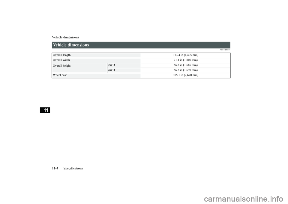 MITSUBISHI ECLIPSE CROSS 2018  Owners Manual (in English) Vehicle dimensions 11-4 Specifications
11
N01147501681
Vehicle dimensions Overall length 
173.4 in (4,405 mm)
Overall width
71.1 in (1,805 mm)
Overall height
2WD 66.3 in (1,685 mm)4WD 66.5 in (1,690 m