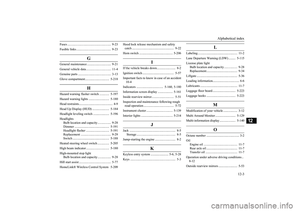 MITSUBISHI ECLIPSE CROSS 2018  Owners Manual (in English) Alphabetical index 
12-3
12
Fuses 
.........................
........................
9-23 
Fusible links 
..................
.....................
9-23
G
General maintenance
.........................
