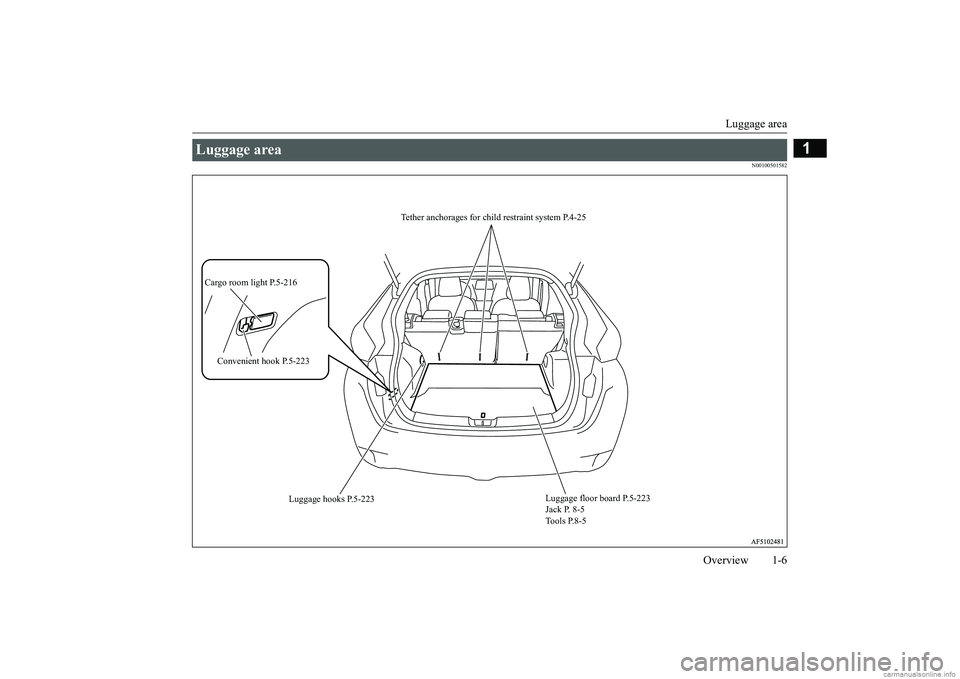 MITSUBISHI ECLIPSE CROSS 2018  Owners Manual (in English) Luggage area
Overview 1-6
1
N00100501582
Luggage area 
Luggage floor board P.5-223
Jack P. 8-5
Tools P.8-5
Luggage hooks P.5-223 Tether anchorages for child
 restraint system P.4-25
Cargo room light P